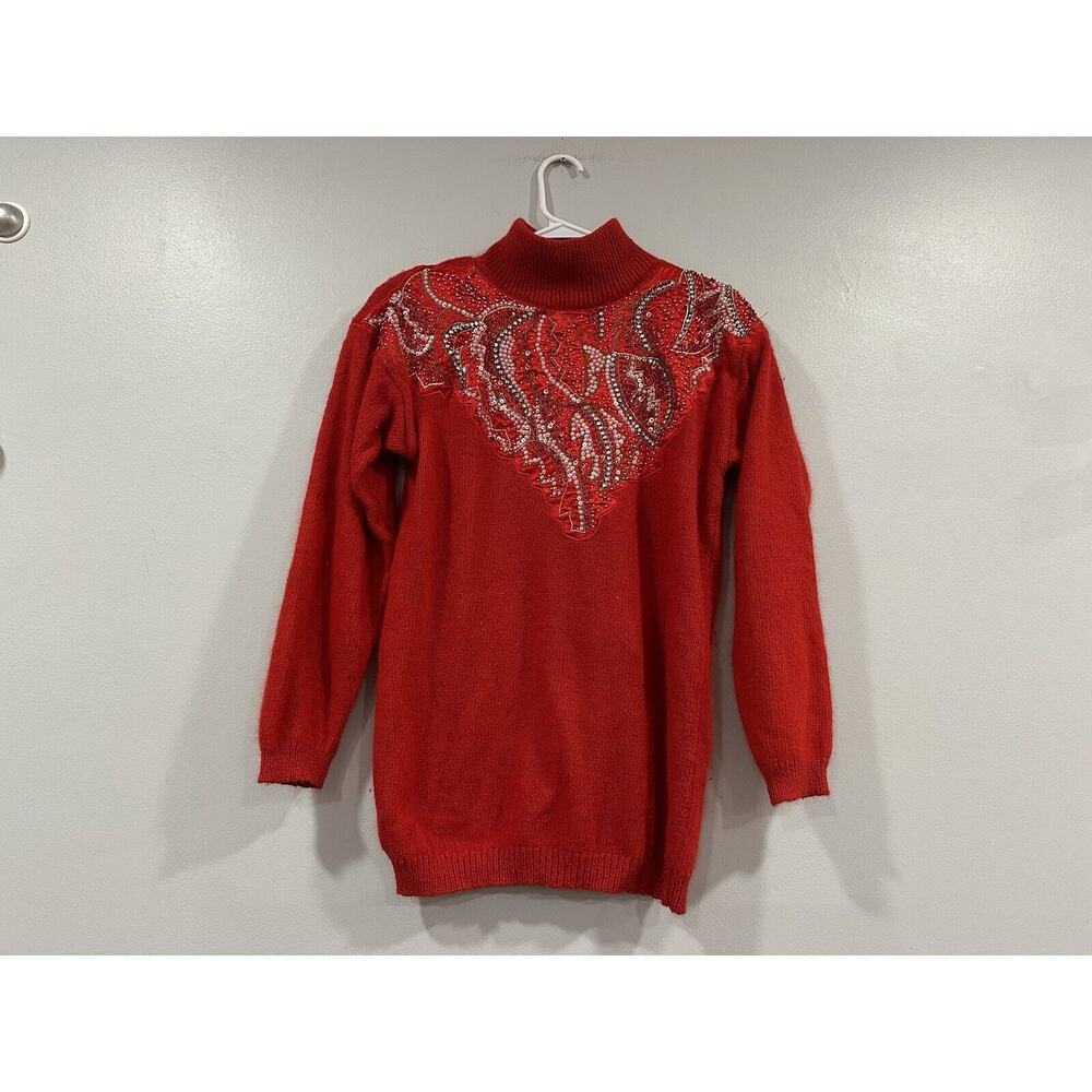 IB Diffusion Red Silk Blend Turtleneck Sweater Shoulder Pads Christmas XS